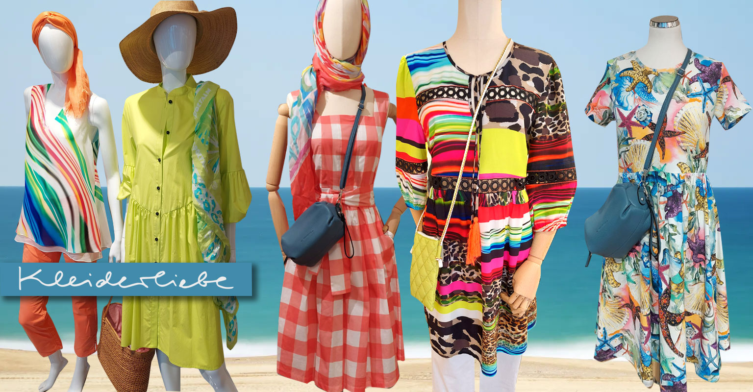 Sie sehen tolle Sommerkleider in verschiedenen Längen, mit ud hne Arm, welche bei Mode und Design in Potsdam gekauft werden können.